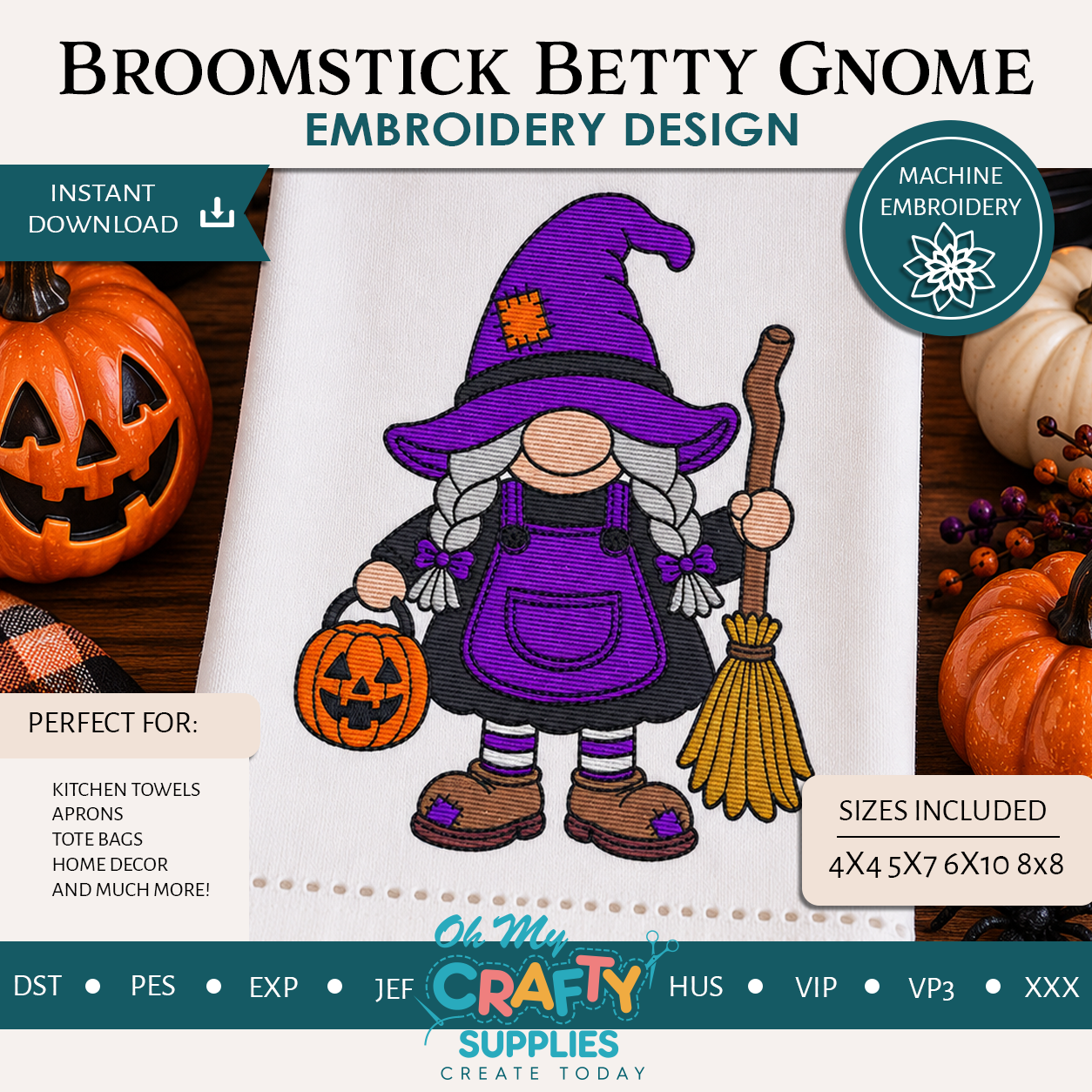 Broomstick Betty Gnome Embroidery Design