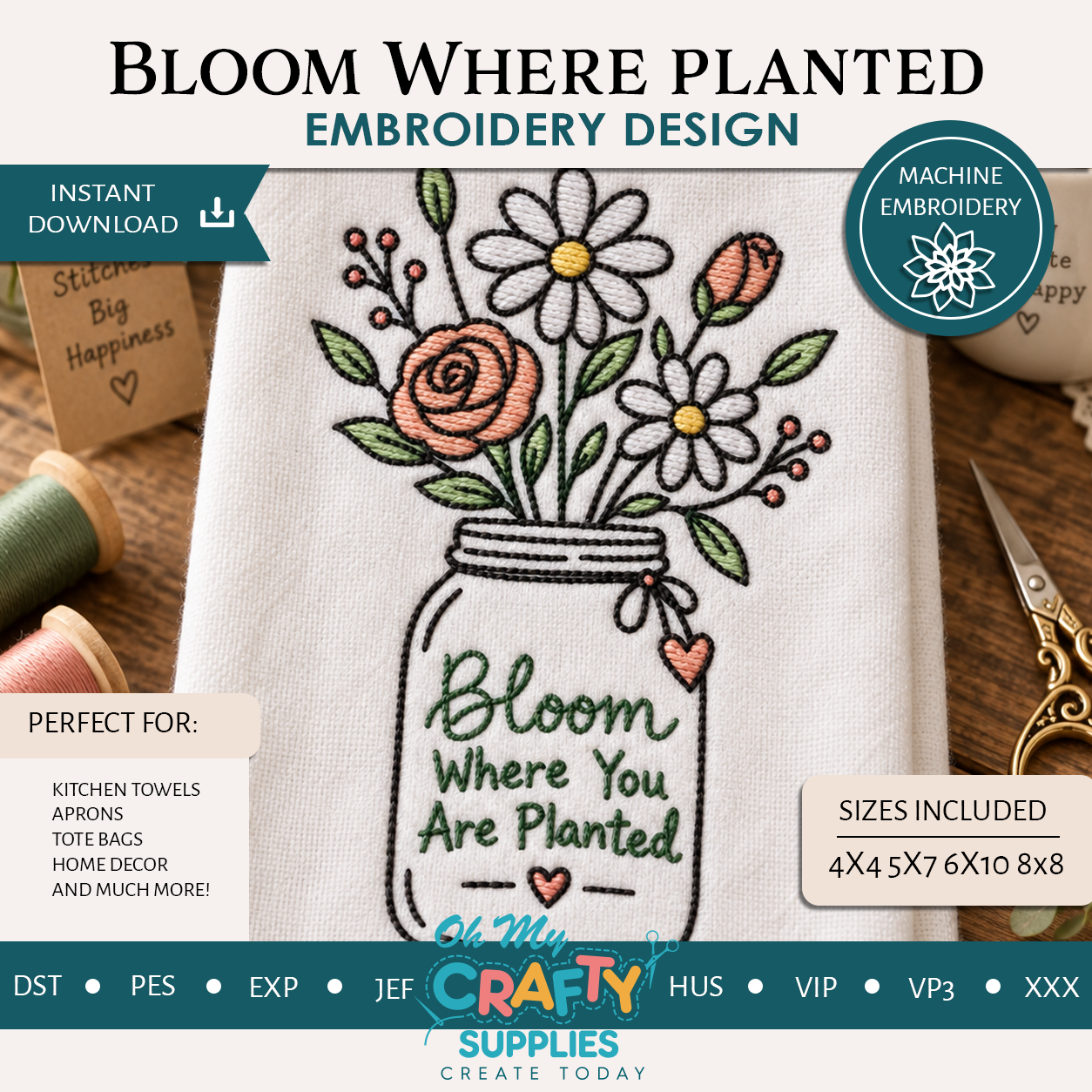 Bloom Where You Are Planted Embroidery Design