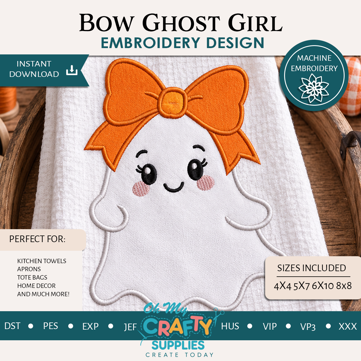 Bow Ghost Girl Embroidery Applique