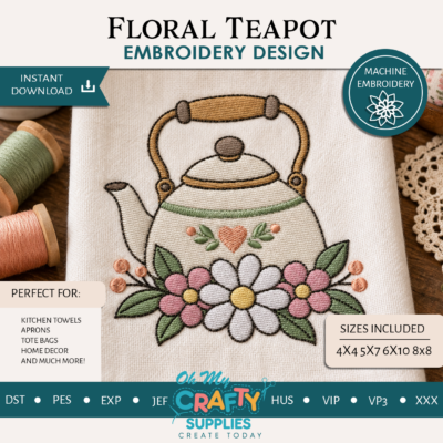 Floral Teapot Embroidery Design