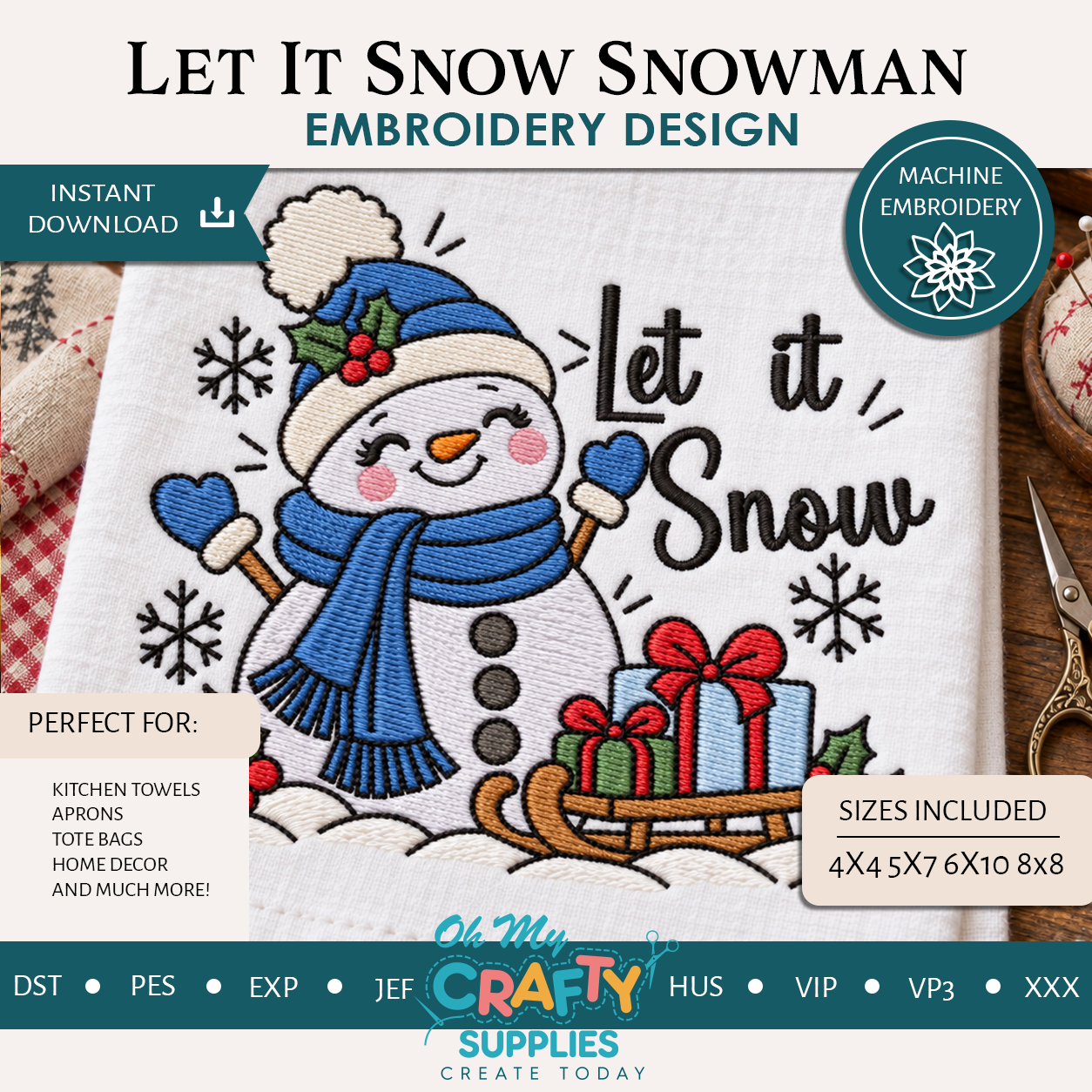 Let it Snow Snowman Embroidery Design