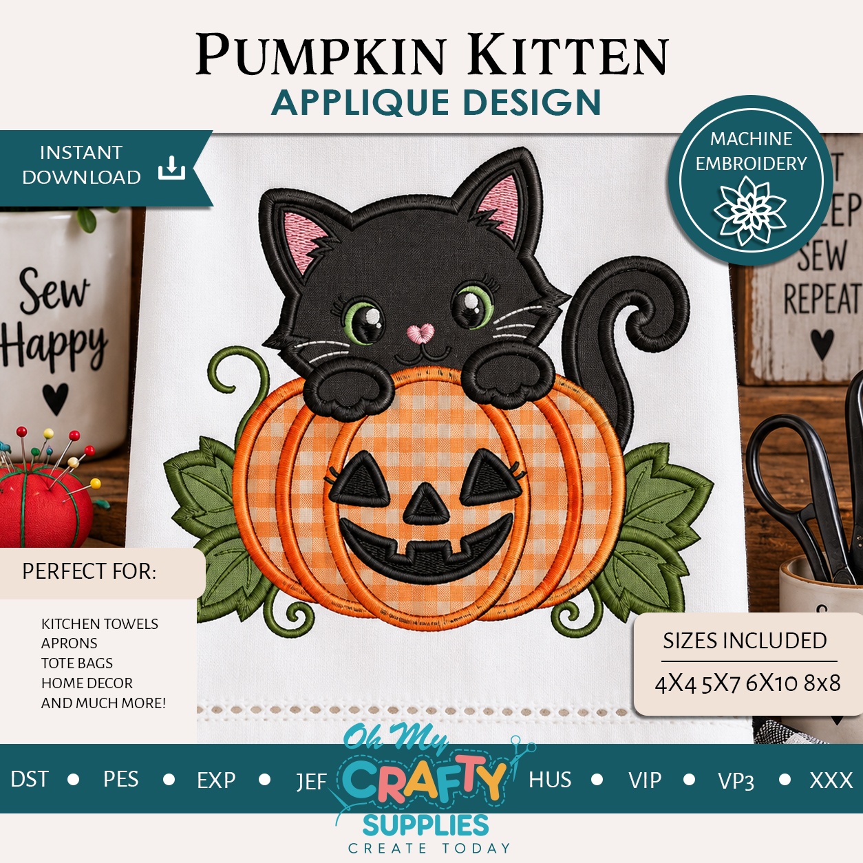 Pumpkin Kitten Applique Embroidery Design