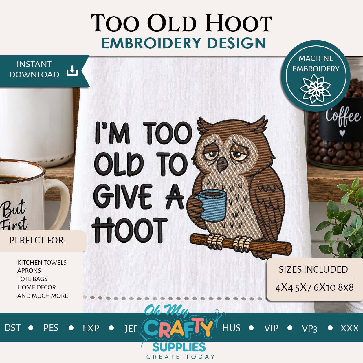 Too Old Hoot Embroidery Design