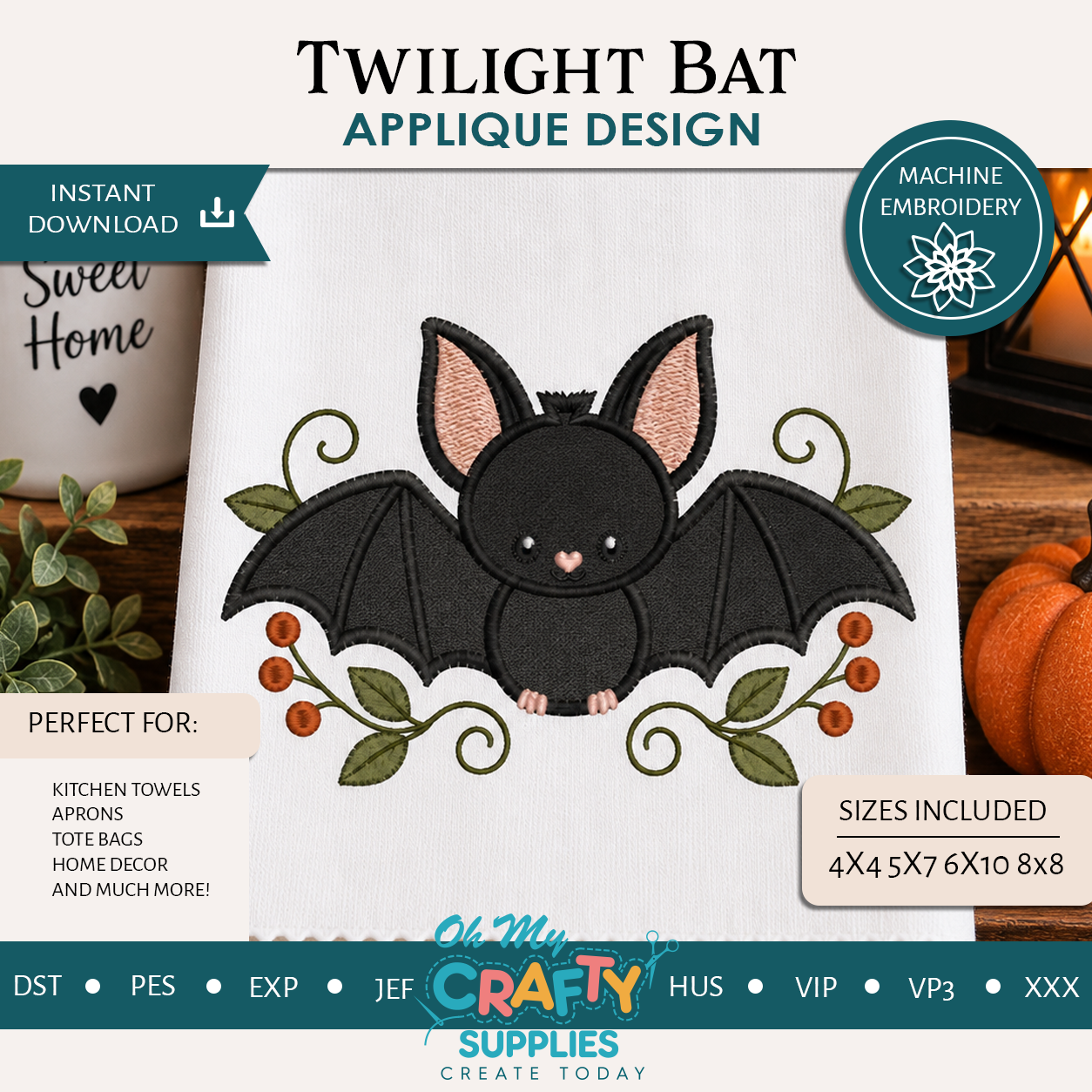 Twilight Bat Applique Design