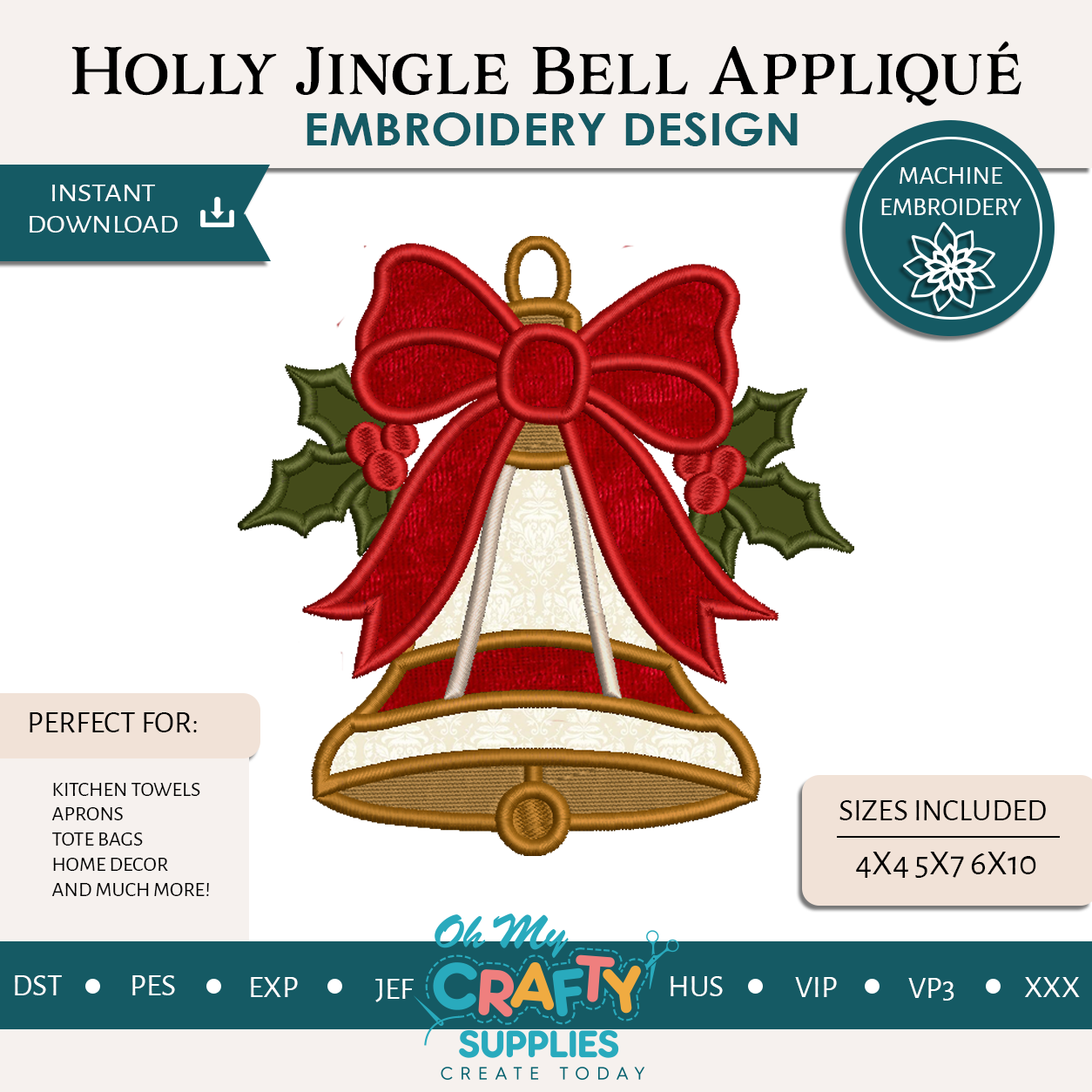 Holly Jingle Bell Appliqué Embroidery Design