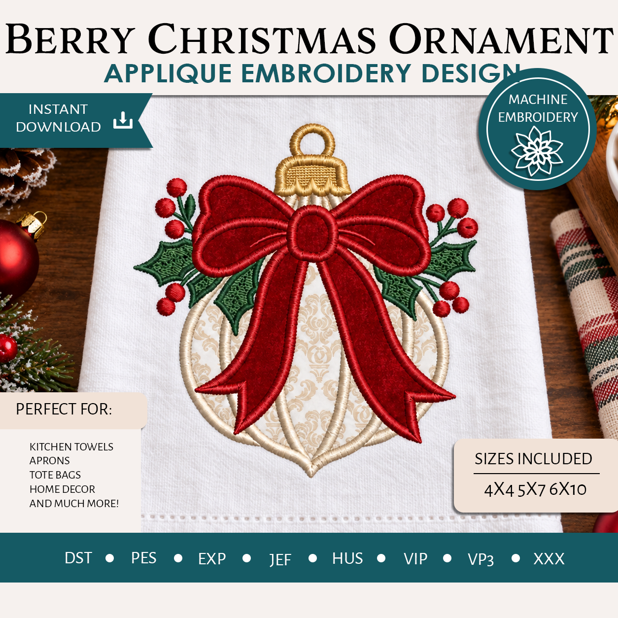 Berry Christmas Ornament Appliqué Embroidery Design