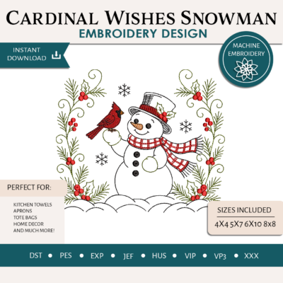 Cardinal Wishes Snowman Embroidery Design