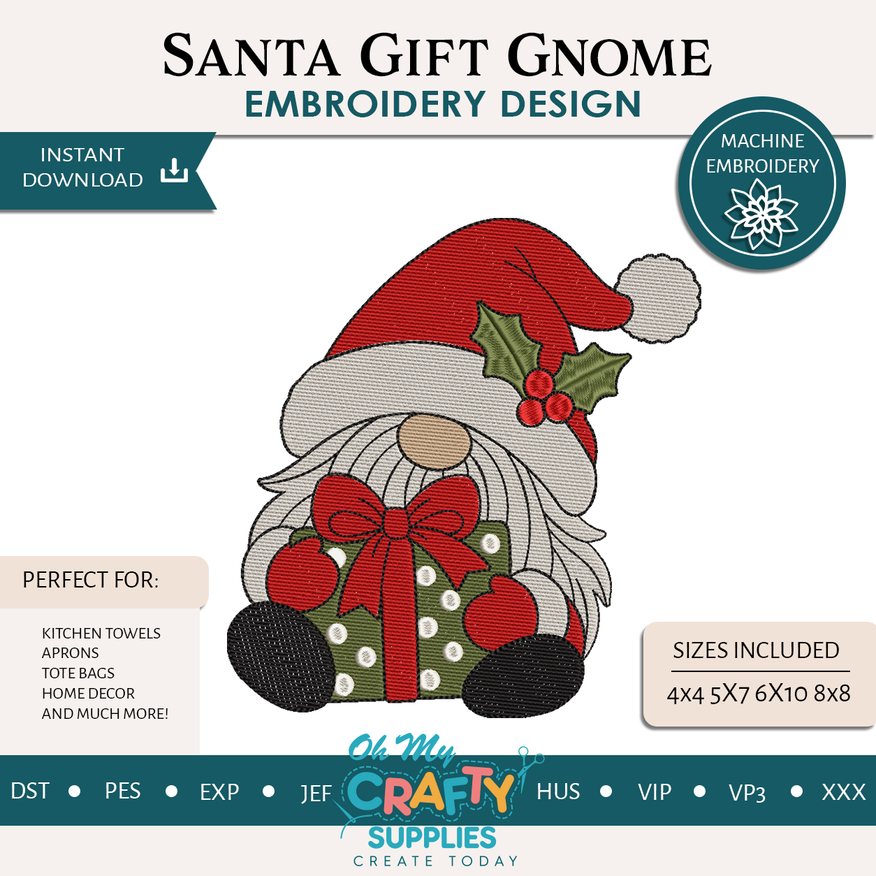 Santa Gift Gnome Embroidery Design