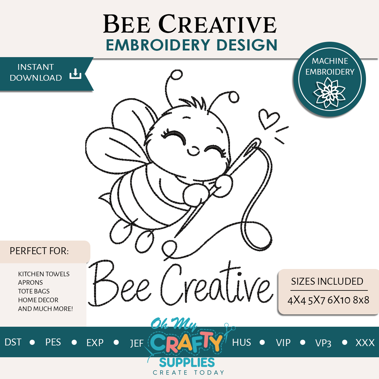 Bee Creative Embroidery Design - Instant Download