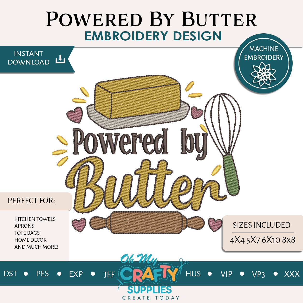 Powered By Butter Embroidery Design