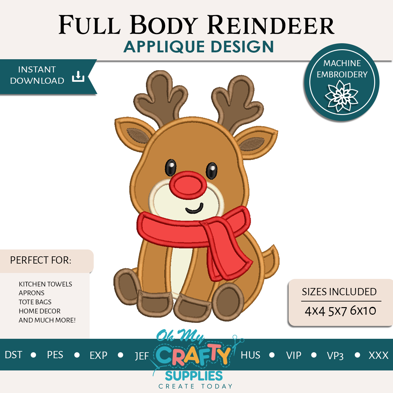 Full Body Reindeer Applique Embroidery Design